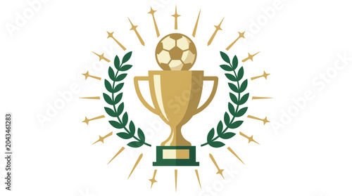 Gold football trophy emblem with laurel wreath and soccer ball