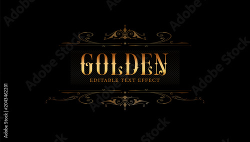 Luxury Golden Vintage Text Effect with Elegant Ornaments on Black Background