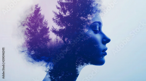 Woman's Profile Blends With Trees Showing Connection to Nature at Twilight