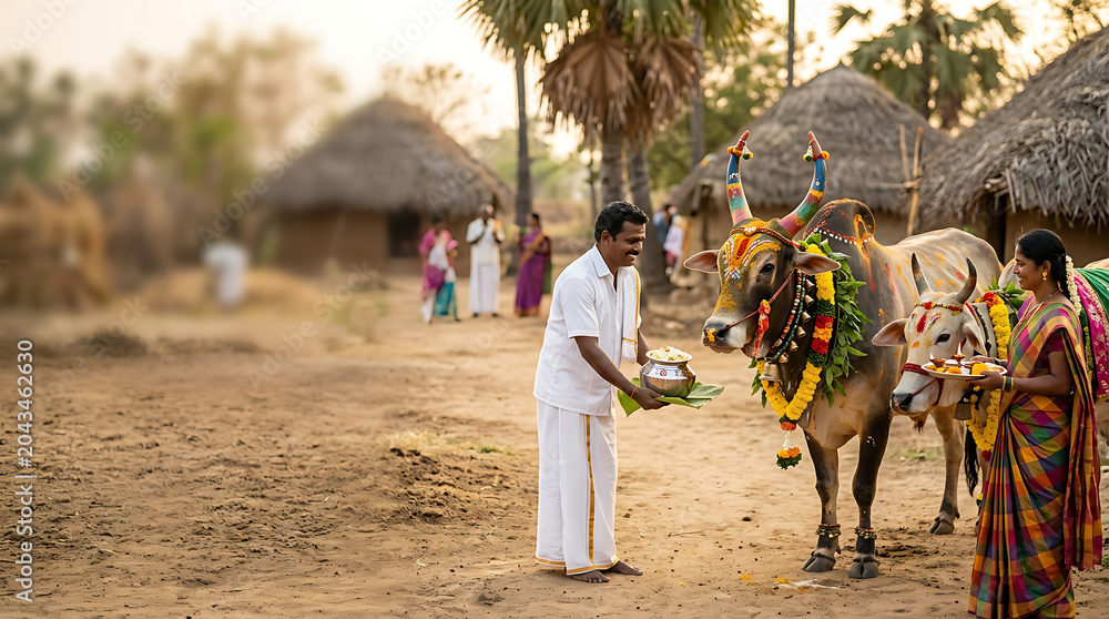 Obraz premium South indian people celebrating traditional harvest festival with cattle