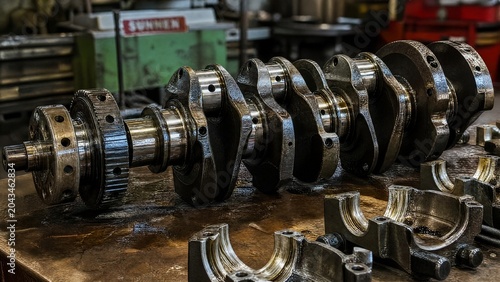 crankshaft. Disassembled vintage engine crankshaft with oil sheen, industrial workshop setting. safety posters, maintenance manuals, designed for precision metalworking and fabrication facilities.