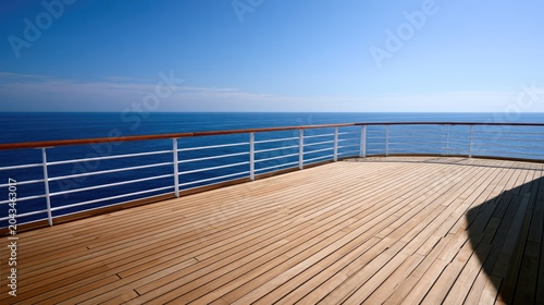 Wide wooden deck of a ship with white railing, overlooking vast blue ocean
