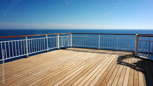 Sunny wooden deck overlooking calm blue ocean under clear sky