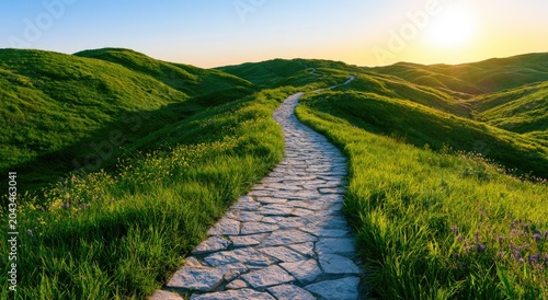 Stone path winds through rolling green hills under a warm sunset sky