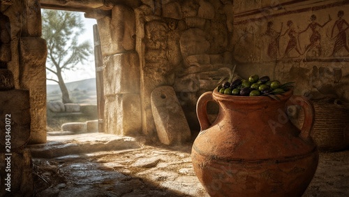 granary. Ancient Greek granary ruin with terracotta amphora filled with olives in morning light. event programs, museum guides, designed for cultural heritage projects and event programs.