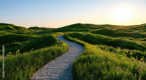 Sunlit path winds through lush, green, rolling hills dotted with wildflowers