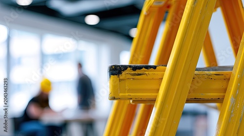 Yellow stepladder in foreground, blurred figures in hard hats in background