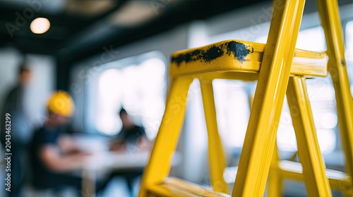 Bright yellow ladder in foreground, blurred figures in background