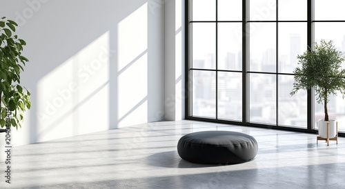 Spacious modern room with large windows, plants, and minimalist floor cushion