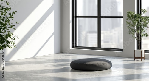 Sunlit minimalist room with large window, concrete floor, and pouf