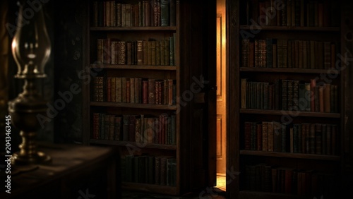 chiaroscuro. Hidden wooden door behind an old bookshelf with warm light seeping through a crack. real-estate listings.