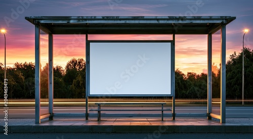 Empty bus stop shelter with blank billboard at twilight