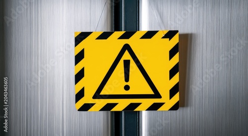 Yellow hazard sign with black border and exclamation mark hangs on a metallic surface