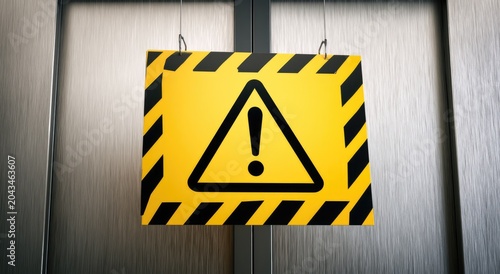 Yellow warning sign with black stripes and exclamation mark on a brushed metal background