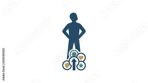 Quadro su tela A silhouette of a confident person standing atop a cluster of goal oriented icons