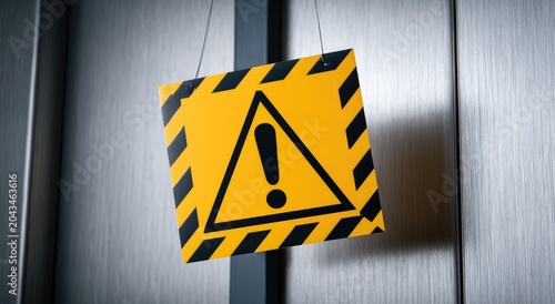A yellow hazard sign with a black border and exclamation mark