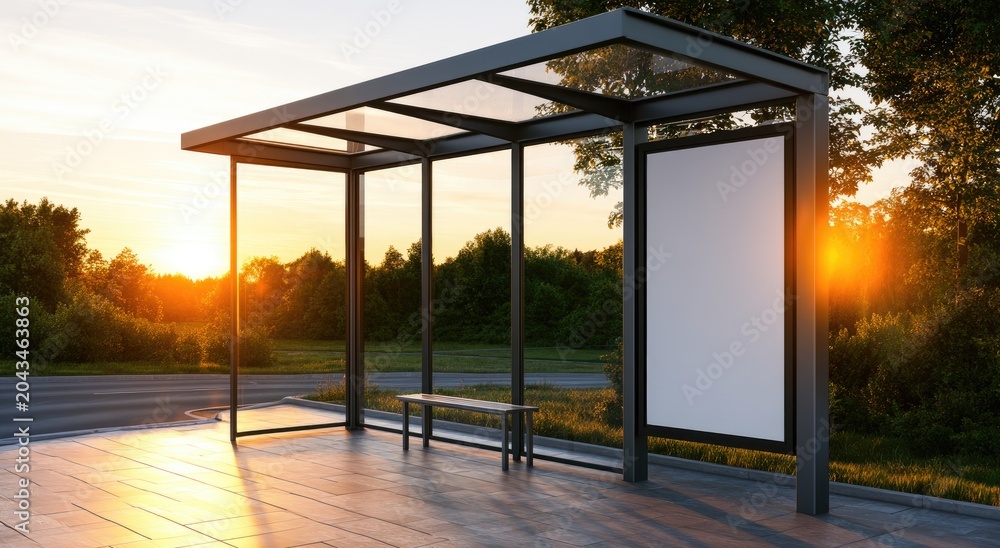Fototapeta premium Modern glass and metal shelter on a sunlit roadside with trees