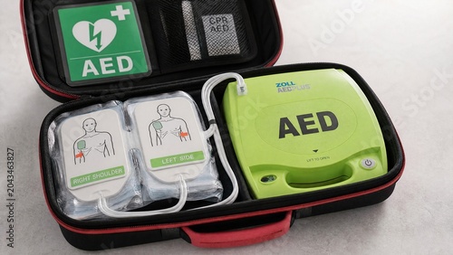 aed. An open emergency case with a green AED unit, electrode pads, and cables. travel magazines, destination branding, designed for outdoor magazines and nature guides, used by PR specialists.