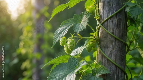 bine. Hops vine with soft stems twining around a weathered wooden stake, green leaves, morning light. gardening catalogs, home-decor guides, designed for home decor and floral branding.