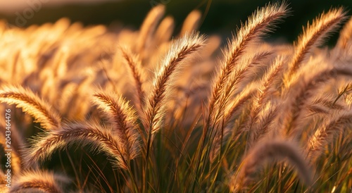 Golden plumes of ornamental grass illuminated by warm, soft sunlight at sunset