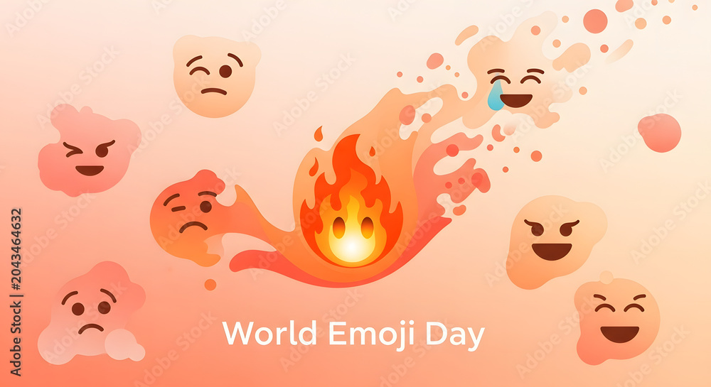 Fototapeta premium World Emoji Day banner, creative social media background with fire emoji and expressive faces, digital marketing graphic