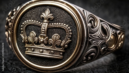 marquis. Close-up of an ornate signet ring with engraved crown emblem on dark background. event programs, museum guides, designed for cultural heritage projects and event programs.