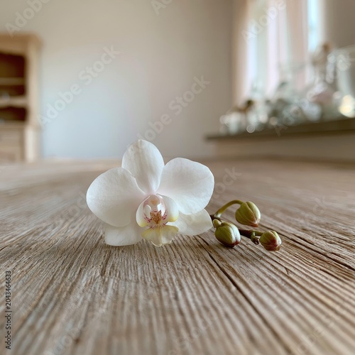Delicate white orchid bloom rests on a rustic wooden surface