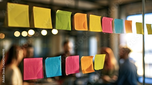 Sticky notes in multiple colors on glass, team planning in background