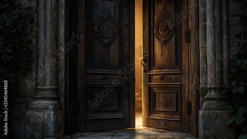 ajar. Ancient wooden double doors slightly ajar, revealing a sliver of light. real-estate listings, architecture portfolios, designed for interior renovation comparisons for interiors.