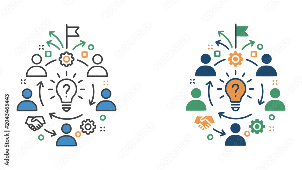 Naklejka premium Innovative business idea generation icon set with lightbulb people and growth arrows as professional vector illustration for creative problem solving and strategic brainstorming concepts for companies