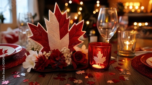 holder. Cozy Canada Day table with maple leaf centerpiece and candle. representing seasonal cycles and harvest abundance.