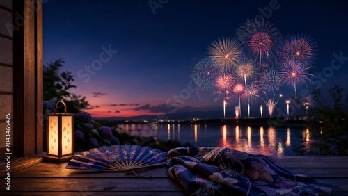 yukata. Folded fan and yukata sleeve on doorstep with fireworks over Sumida River, Tokyo summer celebration. event programs, museum guides, designed for cultural heritage projects and event programs.