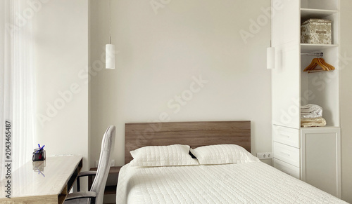 Modern room interior, bedroom with bed and desk