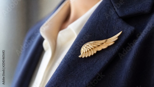 lapel. Gold brooch shaped like an open wing on dark blue lapel. real-estate listings, architecture portfolios, designed for interior renovation comparisons for interiors.