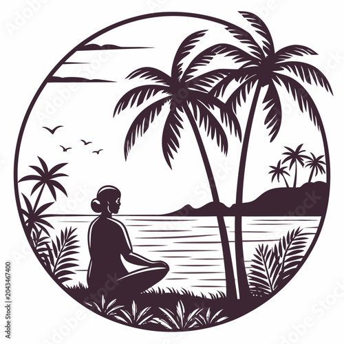 A serene tropical beach scene with a meditating woman sitting crosslegged on the shore