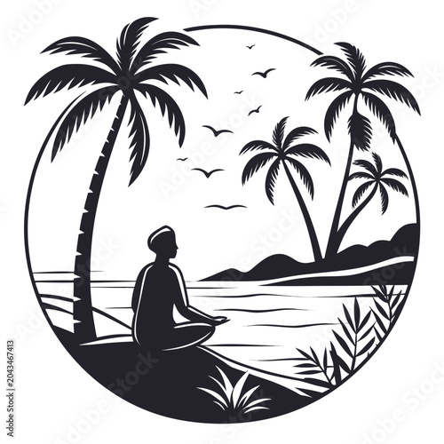 Black and white illustration of a person meditating on a beach with palm trees