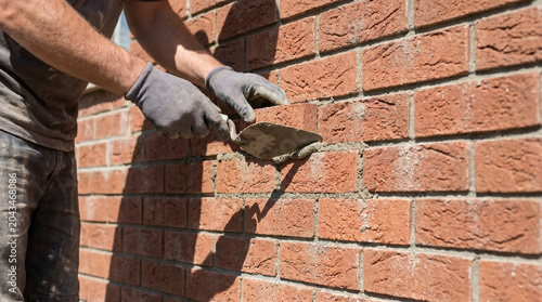 Mason repairing brick wall.