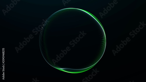 Green digital wireframe sphere with glowing curved lines on a dark futuristic background, cyber data structure with clean technology depth.