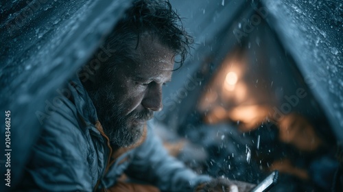 Man sits hunched in wet tent