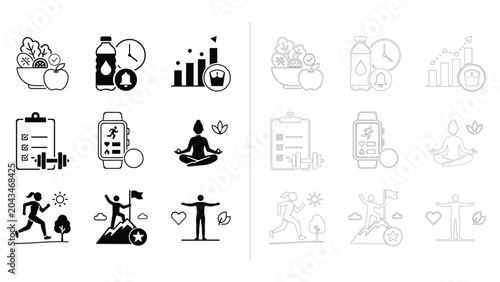 Healthy Lifestyle and Wellness Icon Set with Nutrition Fitness Tracking Hydration Meditation Running and Personal Growth Concepts