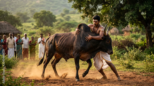 Man taming a powerful bull during a traditional rural festival