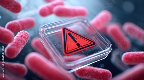 Foods recall for Salmonella Contamination. Salmonella contamination awareness with packaged food product emphasizing safety and hygiene in food handling.