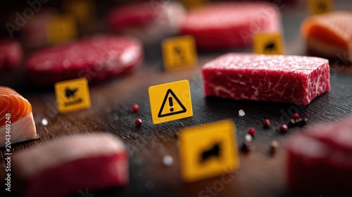 Foods recall for Salmonella Contamination. Food contamination awareness concept featuring recalled meat products and food safety concerns.