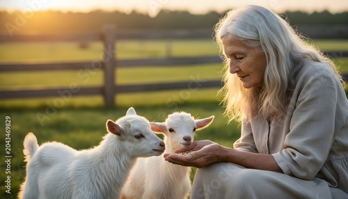 Elderly woman feeding little baby goats from her hands on a green meadow during golden hour sunset, showing a peaceful rural life and animal care concept