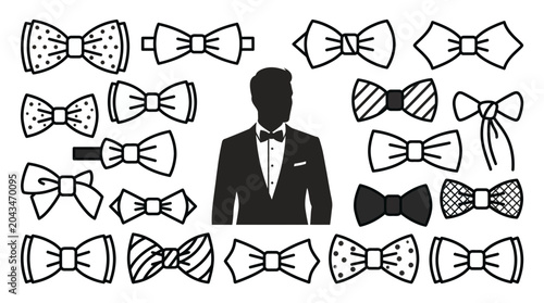 Foto A collection of various bow tie styles surrounding a silhouette of a man in a tuxedo