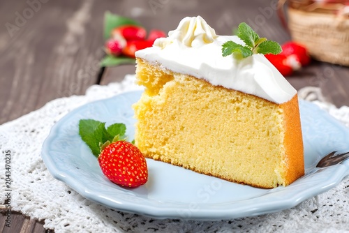 Delicious slice of moist sponge cake topped with fresh whipped cream and mint garnish served on a blue plate with a ripe strawberry on a rustic wooden table with lace doily background.