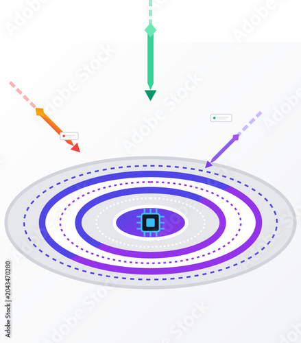 Bilde på lerret Conceptual digital illustration of a smart bullseye target with colorful arrows and a microprocessor center
