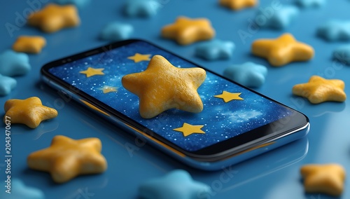 Smartphone with star-shaped cookies on and around it, blue background, stars