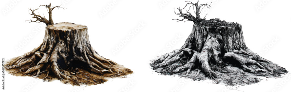 Fototapeta premium two images side by side, the first one is of an old tree stump with roots, on a transparent background