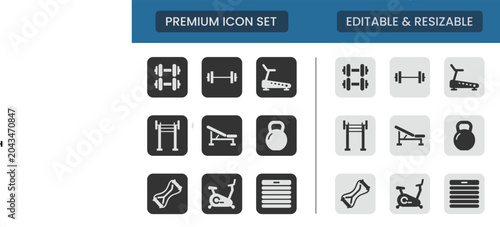 Foto Fitness Gym Equipment and Workout Exercise Vector Icon Set, Premium Solid Glyph